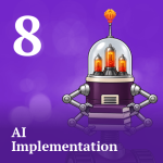 Class 8 icon: AI Implementation, with cartoon robot Ledger carrying a stack of books.