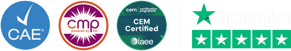 CAE, CMP, and CEM credit badges and Trustpilot 5-star rating