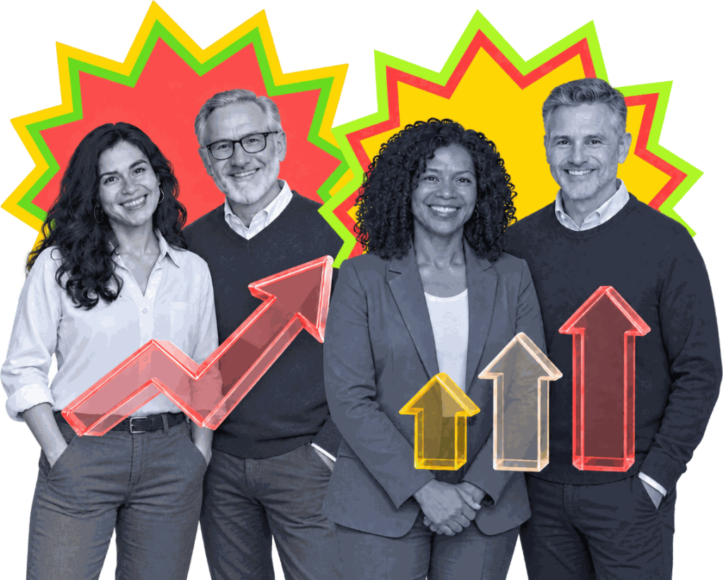 Four smiling association professionals with rising growth arrows.