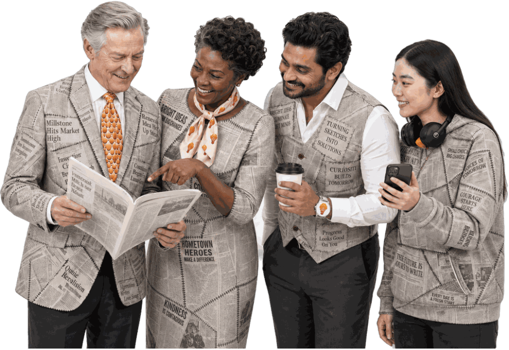 Four association staff in newsprint jackets reading a newsletter together.