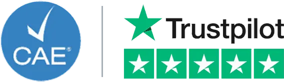CAE credit badge and Trustpilot 5-star rating