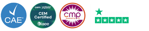 CAE, CEM, and CMP credit badges and Trustpilot 5-star rating