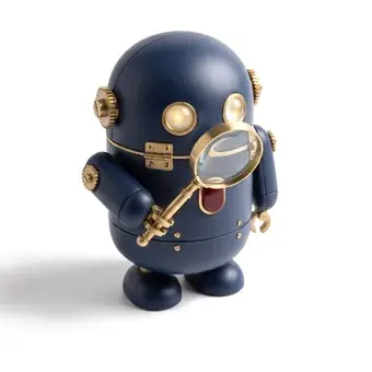 A small navy robot holding a magnifying glass.