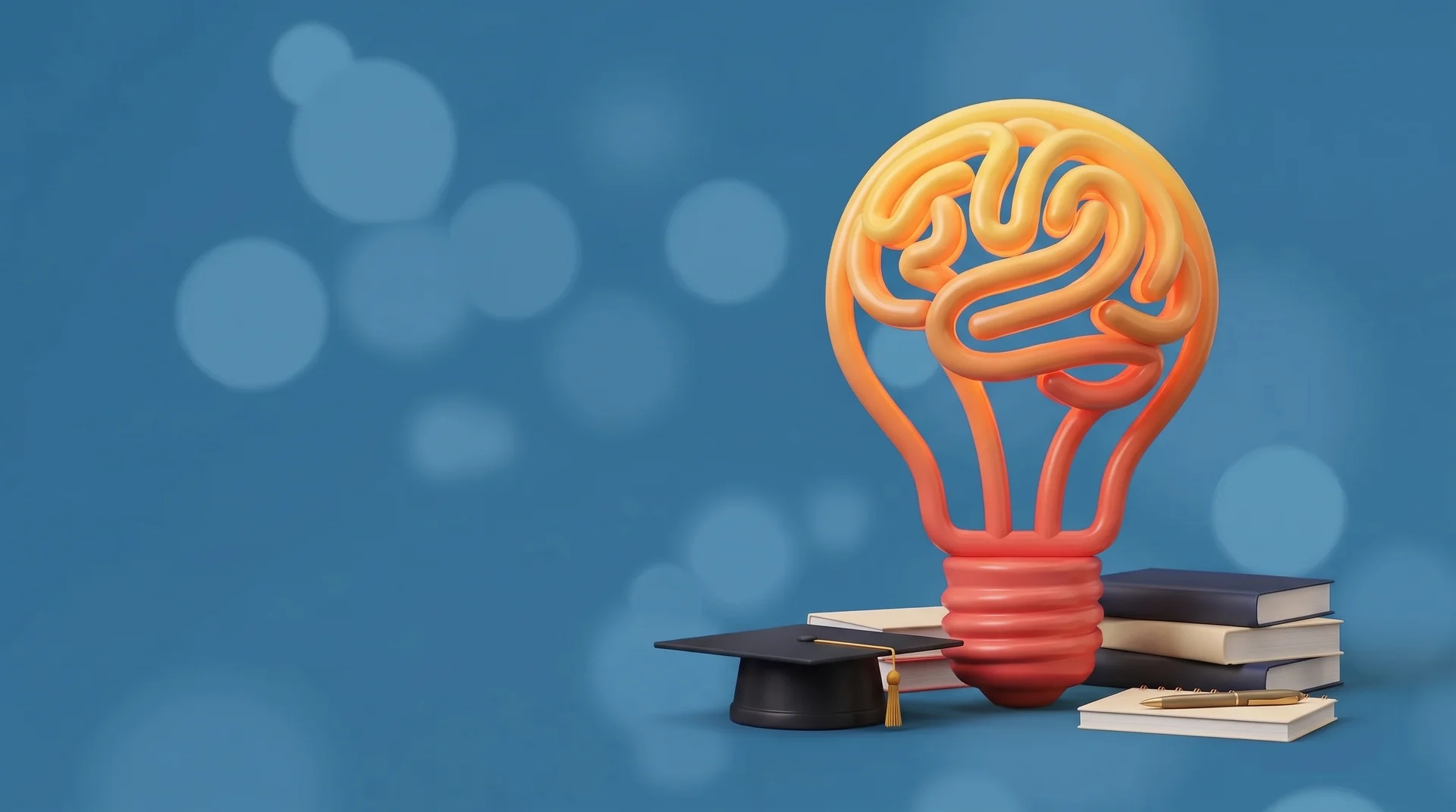 A sculpted light bulb shaped like a brain beside books, a graduation cap and a notebook.