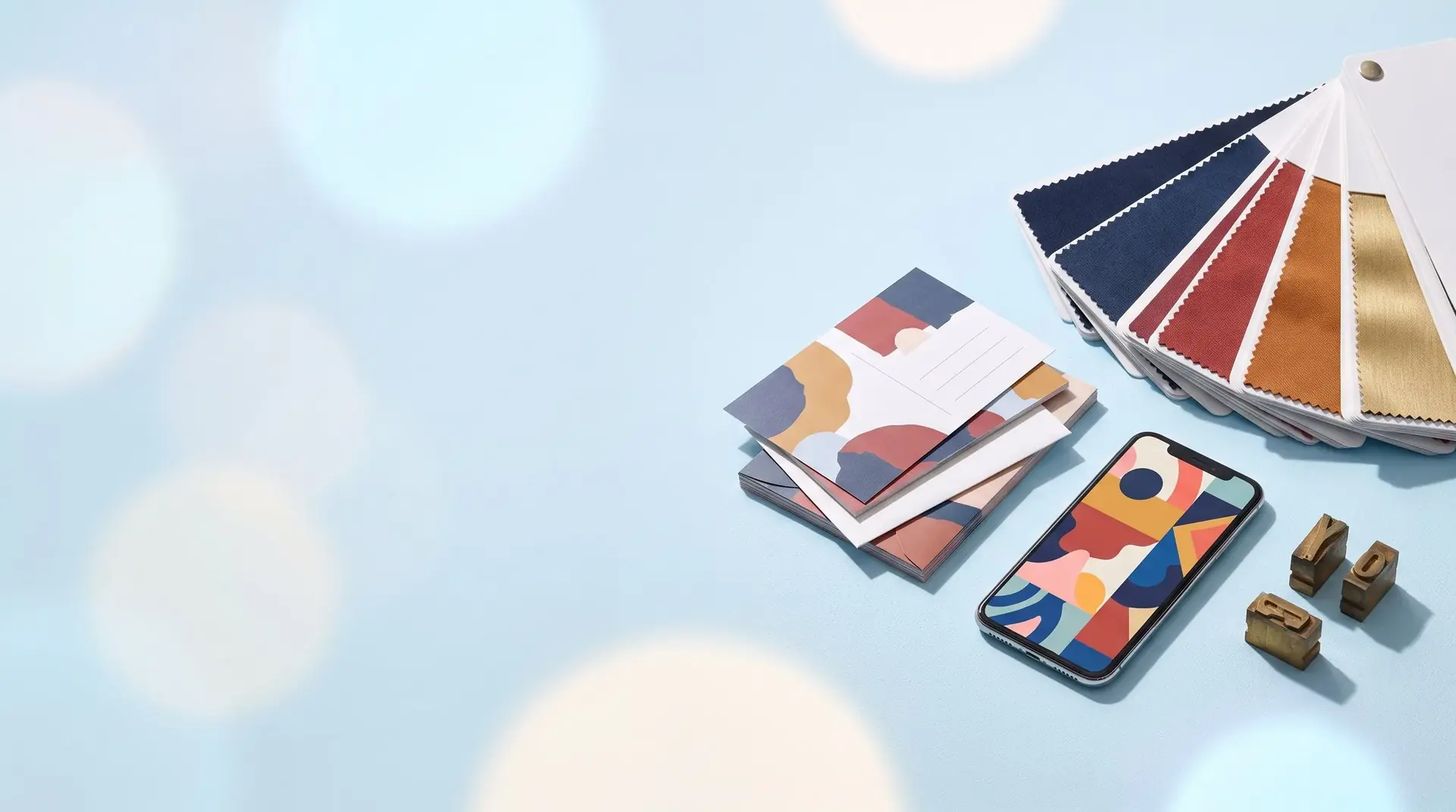 A color swatch book, printed postcards, a smartphone showing a bold graphic and brass letterpress type blocks.