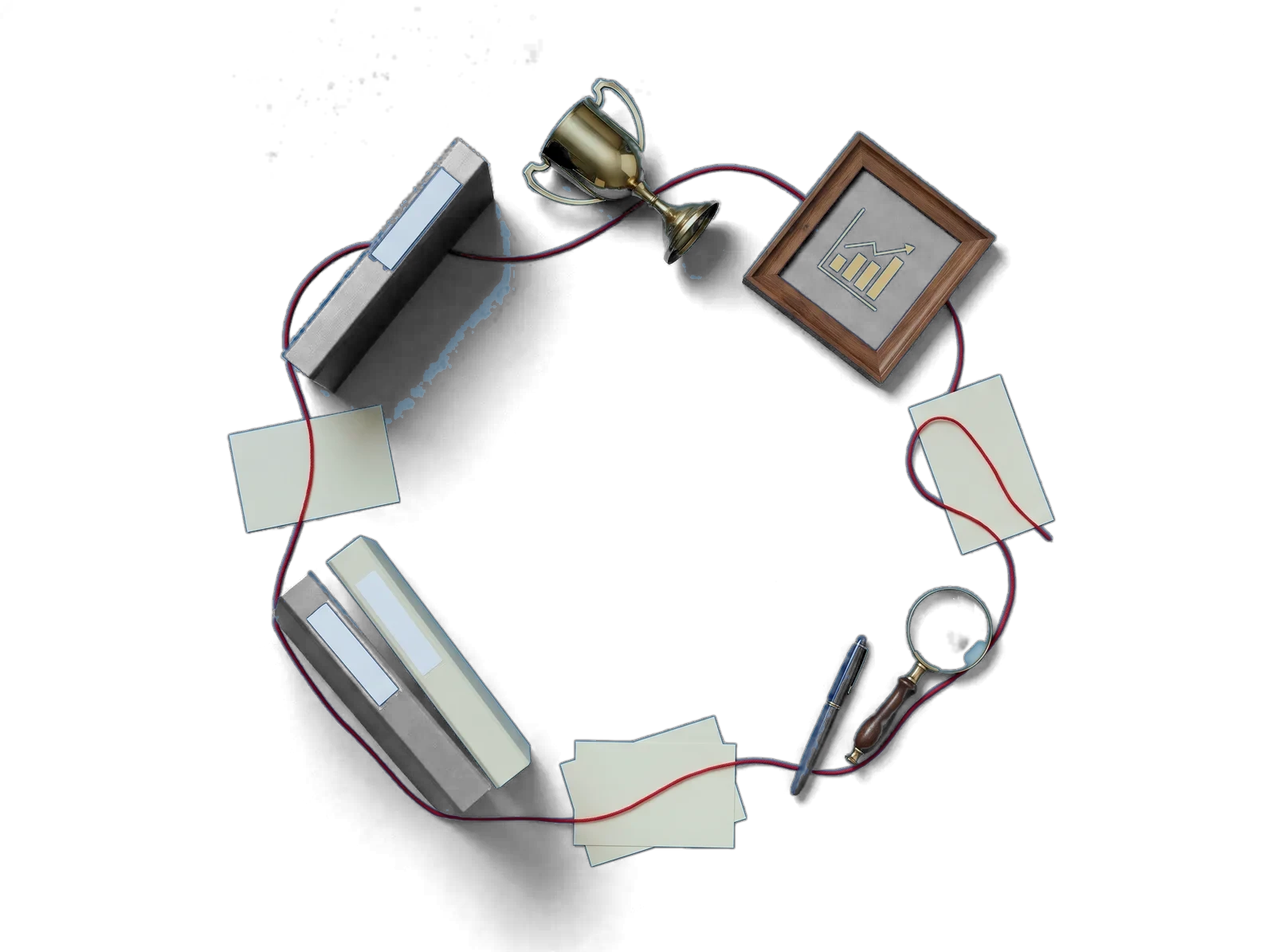Navy and cream binders, a brass trophy, a framed rising bar chart, a magnifying glass, a pen and cream cards, joined in a ring by one red string.