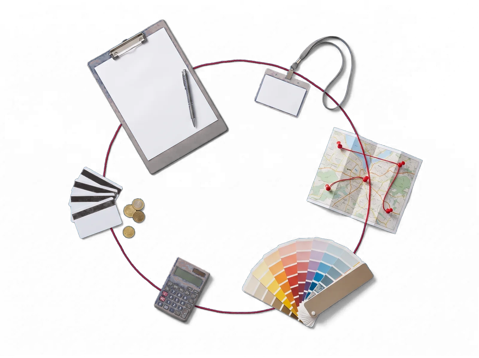A clipboard, membership cards with coins, a calculator, paint swatches, a pinned map and a name badge, joined in a ring by one red string: one object for each Ricochet service.