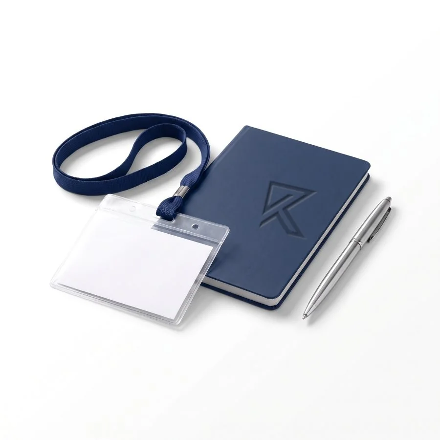 A blank name badge on a navy lanyard beside a pen and a navy notebook embossed with the Ricochet R.