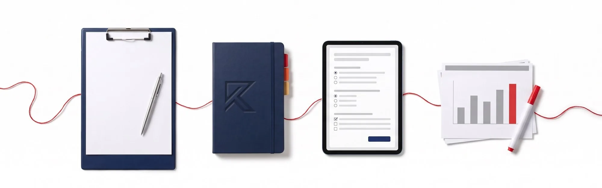 A clipboard, a tabbed navy notebook with the Ricochet mark pressed into its cover, a tablet showing an online survey and landscape presentation pages with a bar chart, joined by a loose red thread.