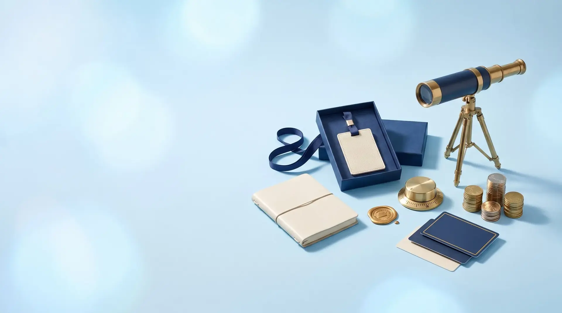 An open gift box with a badge, a brass dial with gold coins, stepped membership cards and a brass telescope: the levers and the forecast together.