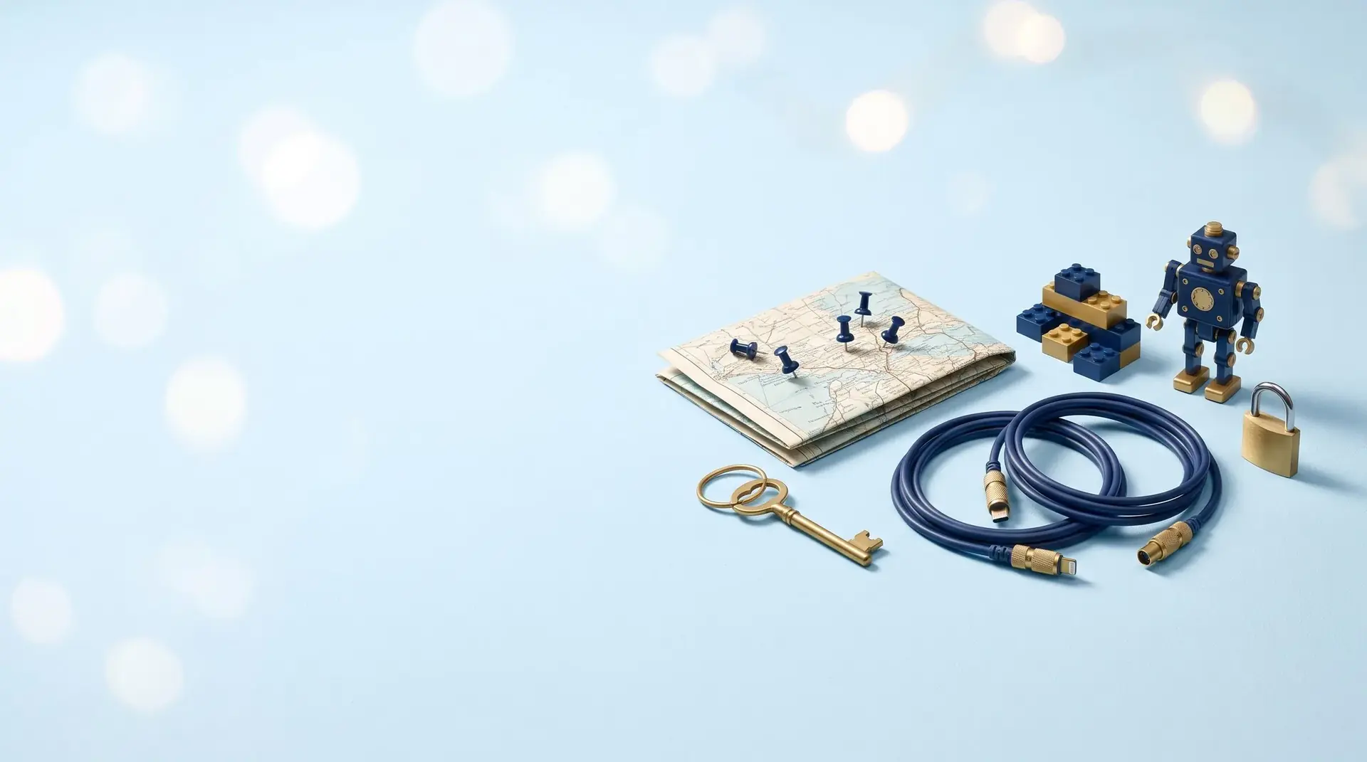 A map with push pins, a brass key, connected navy cables, building blocks, a small robot and a padlock.