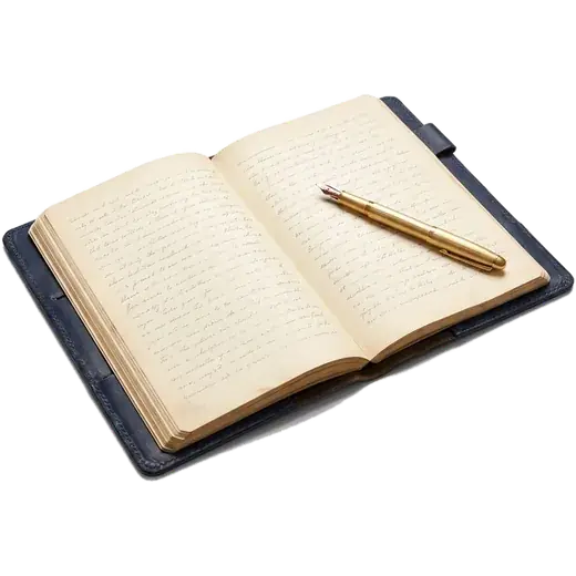 An open notebook with a gold fountain pen.