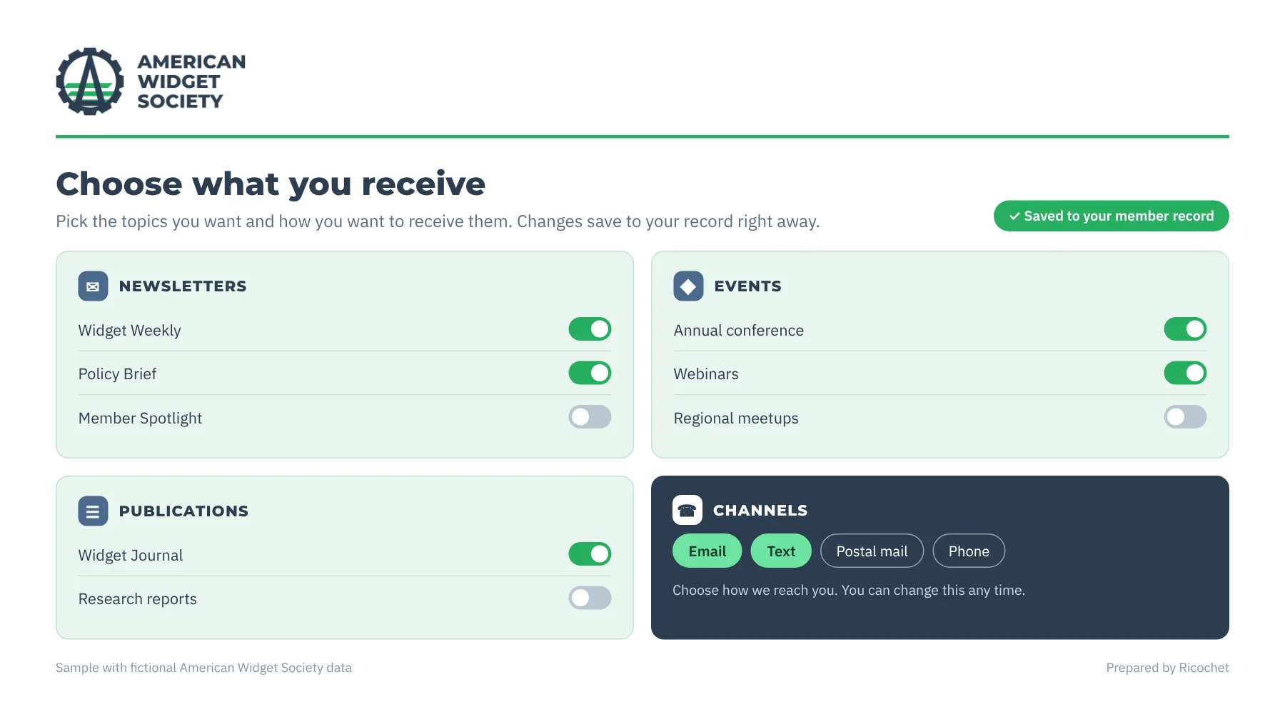 A sample branded preferences portal with green topic cards for newsletters, events and publications and a navy card for channel choices.