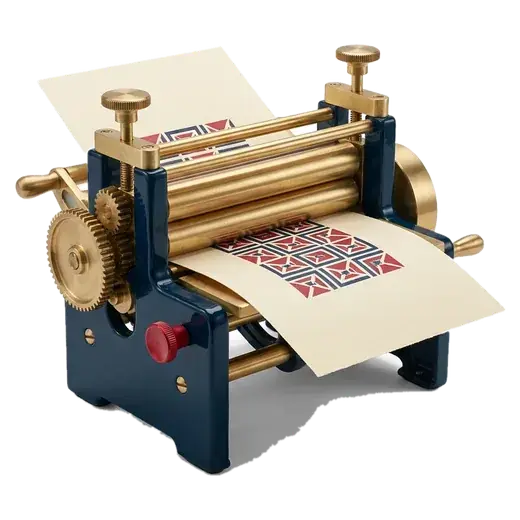 A miniature brass printing press with printed sheets.
