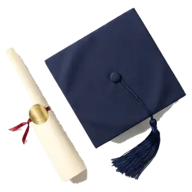 A rolled certificate and a graduation cap.