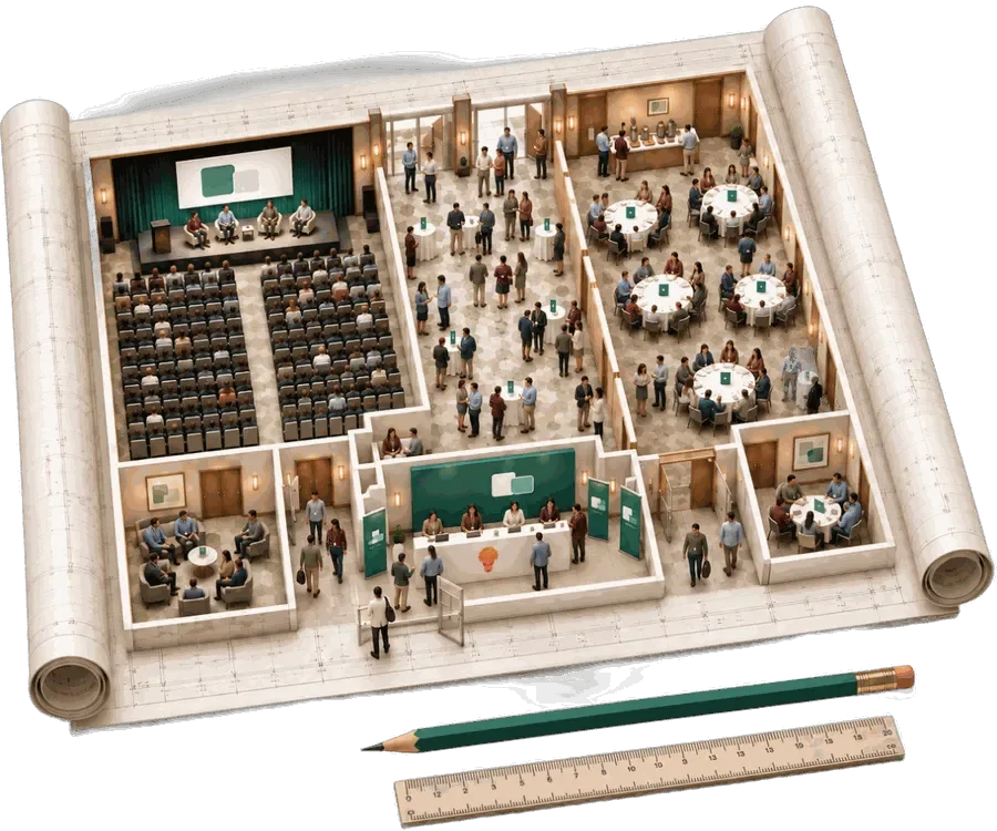A rolled-out blueprint of a conference hall with tables, stages and attendees, beside a pencil and ruler.