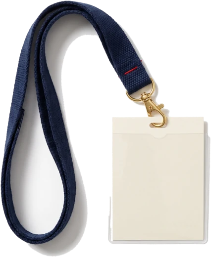 A navy lanyard with a blank conference badge.