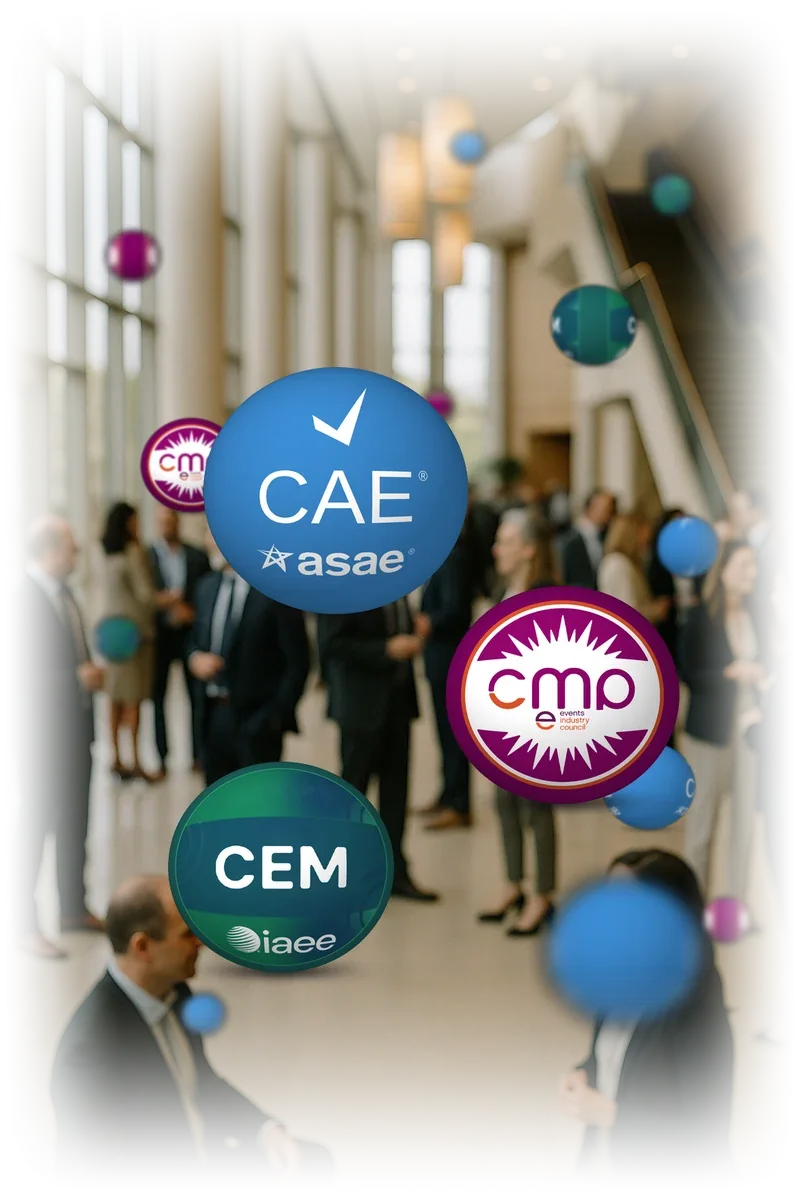 CAE, CMP and CEM credential badges floating over a busy conference hallway.