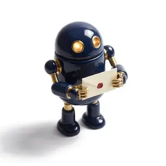 A small navy robot holding an envelope.