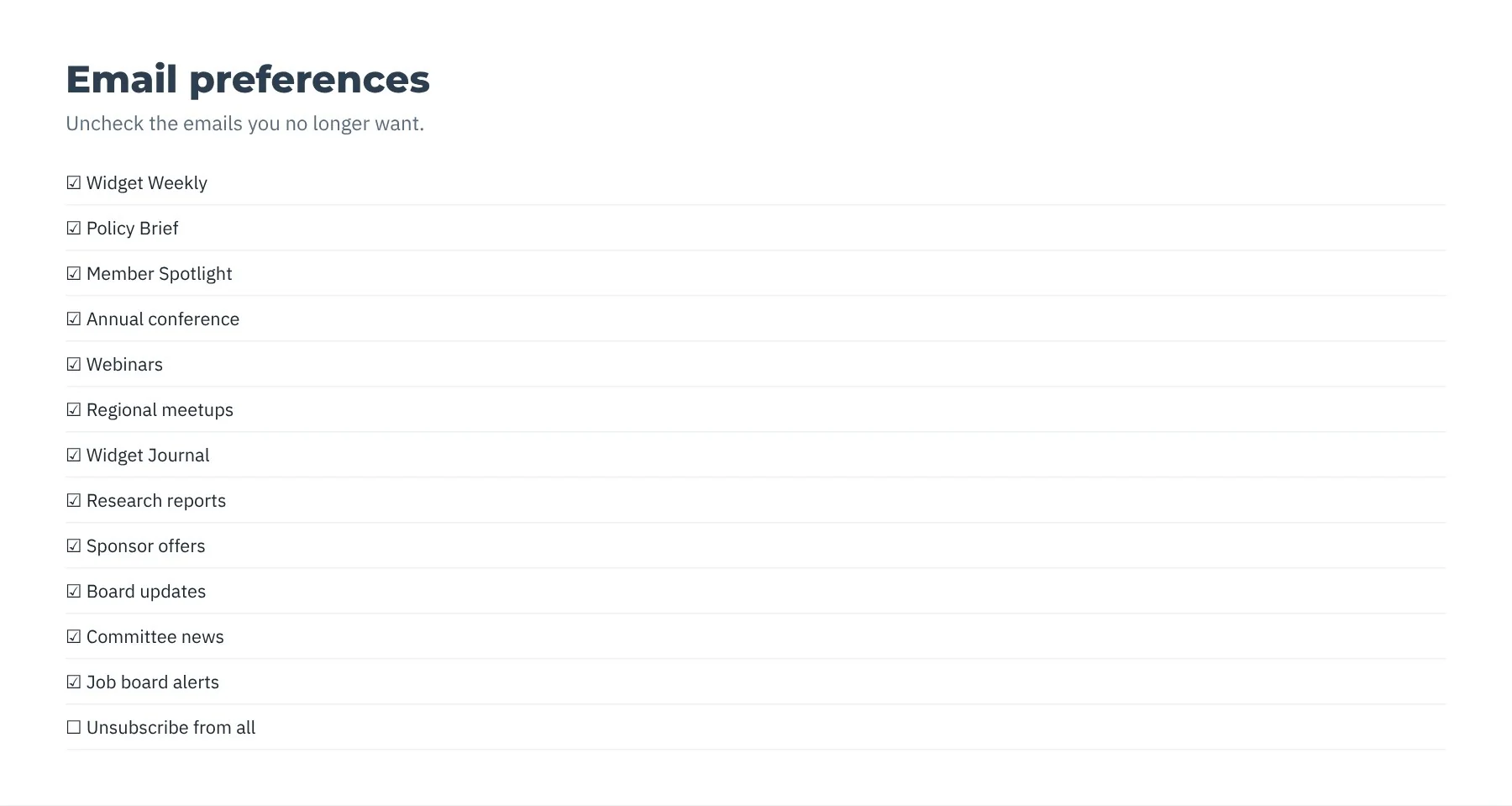 A sample default email preferences page: one long list of checkboxes.