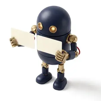 A small navy robot comparing two identical cards.