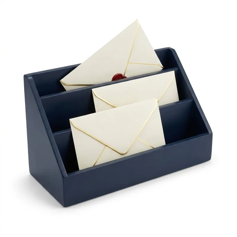 Cream envelopes filed in a navy desk sorter.