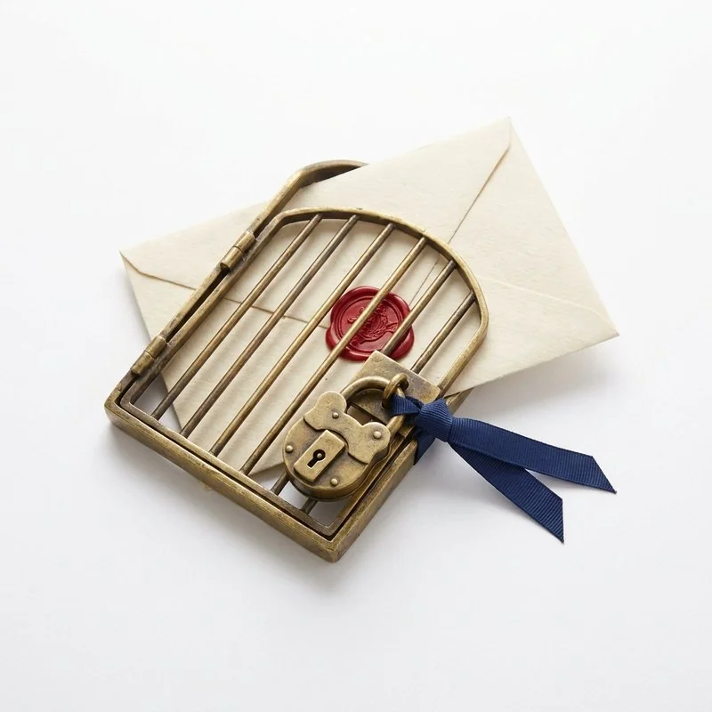 A cream envelope held behind a small locked brass gate.