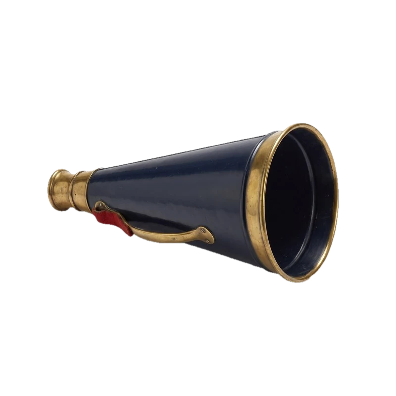 A navy and brass megaphone.