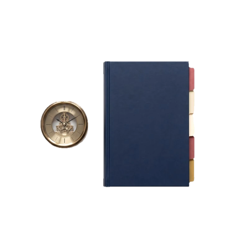 An open planner beside a brass desk clock.