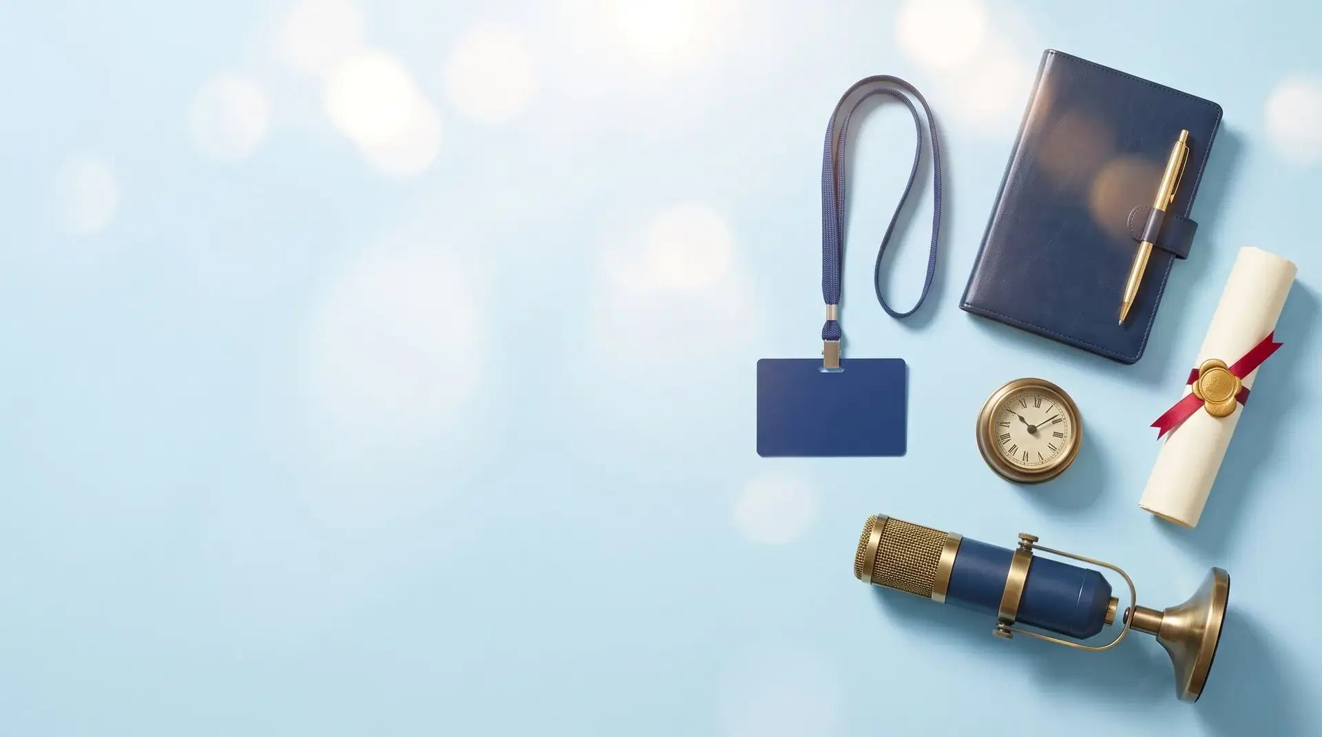A conference badge on a lanyard, a navy notebook with a gold pen, a brass desk clock, a rolled certificate with a red ribbon and a brass microphone.