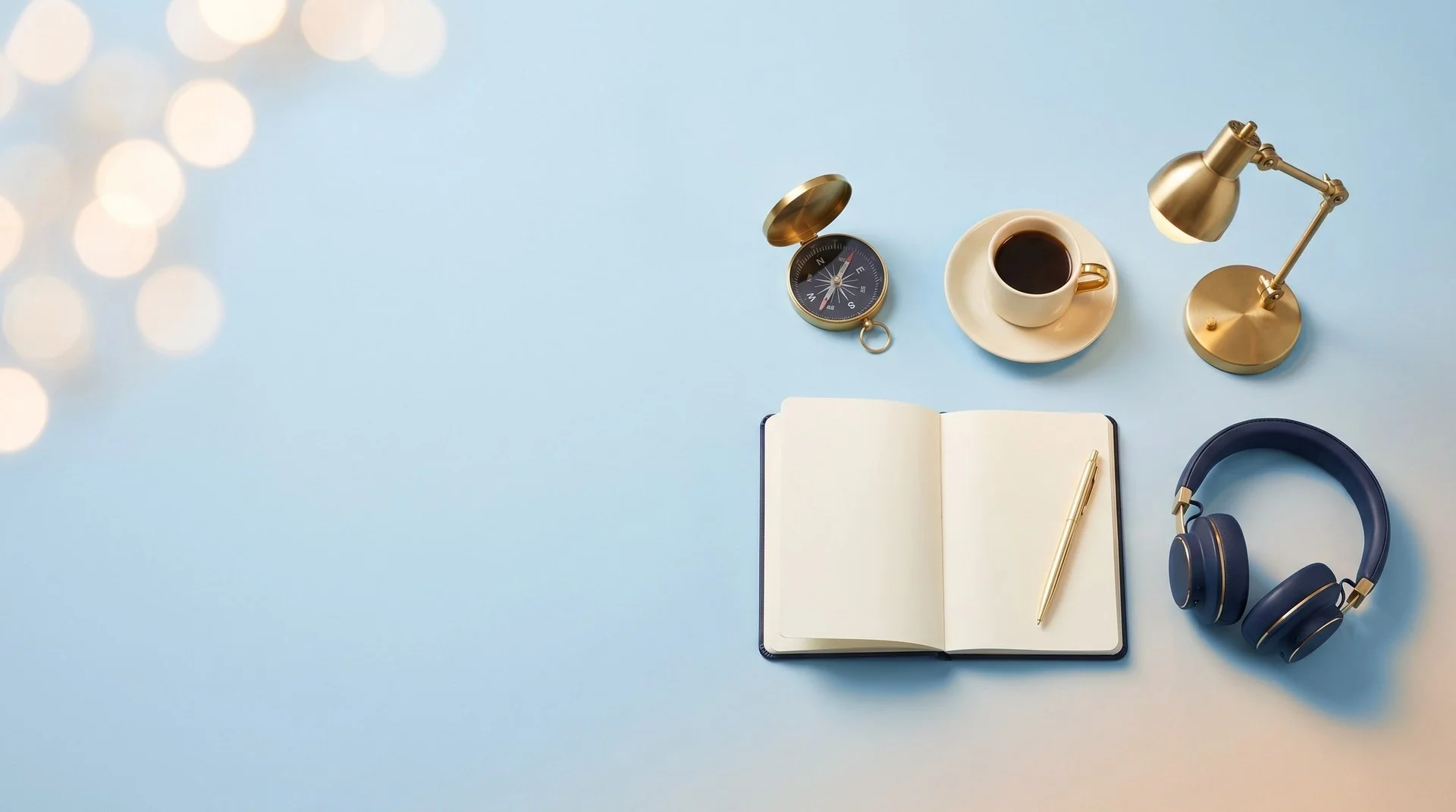 A brass compass, a coffee cup, an open notebook with a gold pen, a brass desk lamp and a navy headset on a pale blue backdrop fading to light orange in the corner.