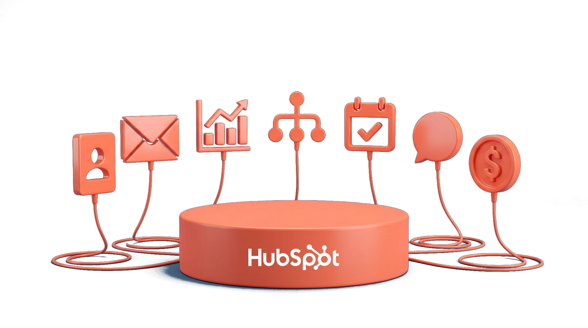 The HubSpot logo on an orange 3D platform, with seven glossy orange icons for contacts, email, reporting, workflows, calendar, chat and deals in an arc around it, each tethered by a cable that loops across the floor into the platform.