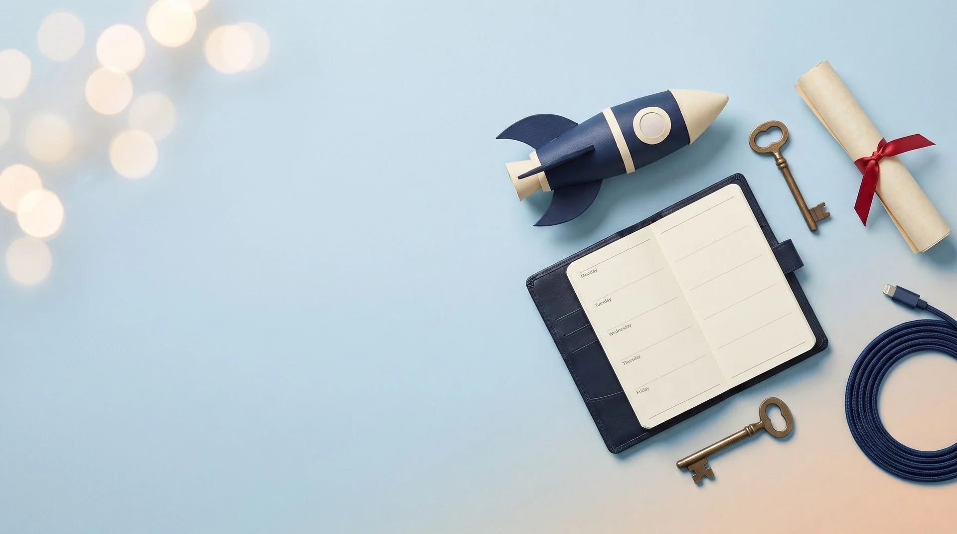 A model rocket, an open weekly planner, brass keys, a rolled certificate and a coiled navy cable on a pale blue backdrop fading to light orange in the corner.