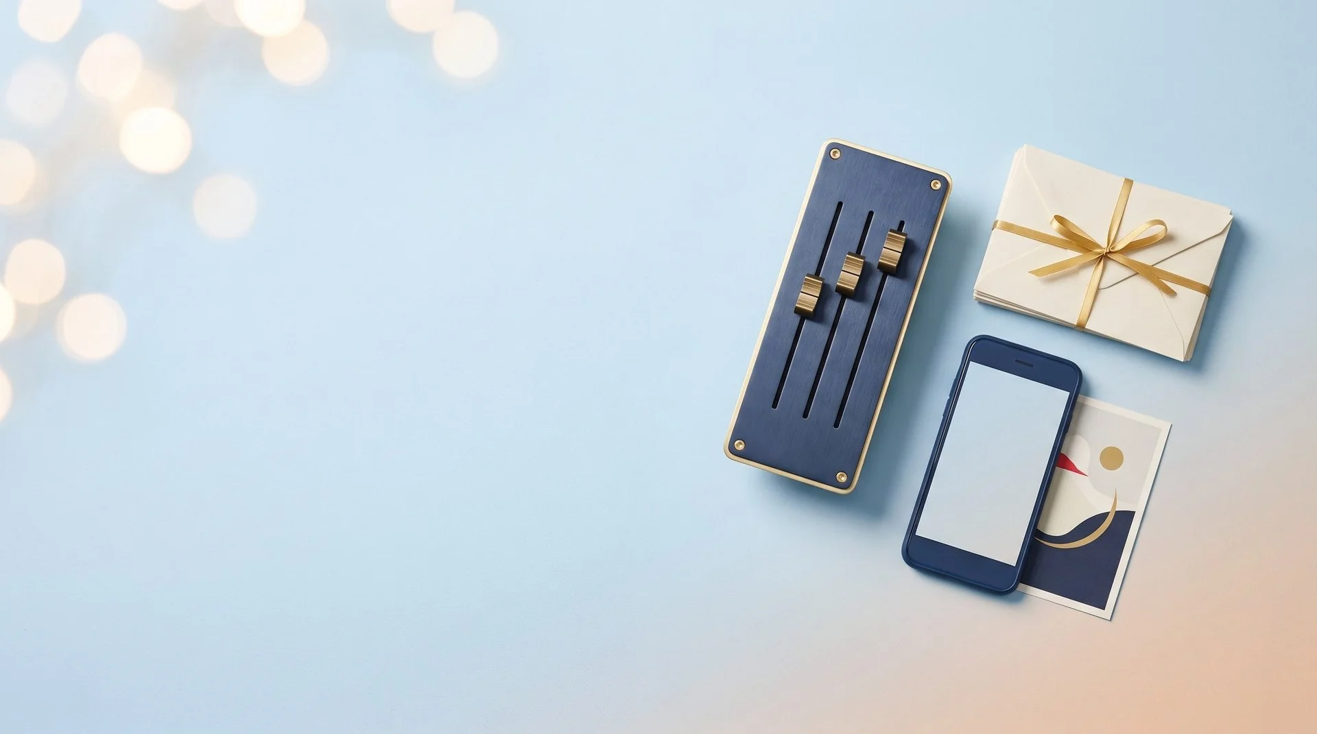 A navy and brass slider control panel, cream envelopes tied with gold ribbon, a smartphone and a printed postcard on a pale blue backdrop fading to light orange in the corner.