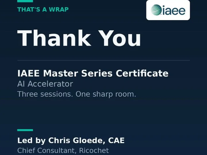 IAEE Master Series Certificate AI Accelerator thank-you graphic, led by Chris Gloede, CAE.