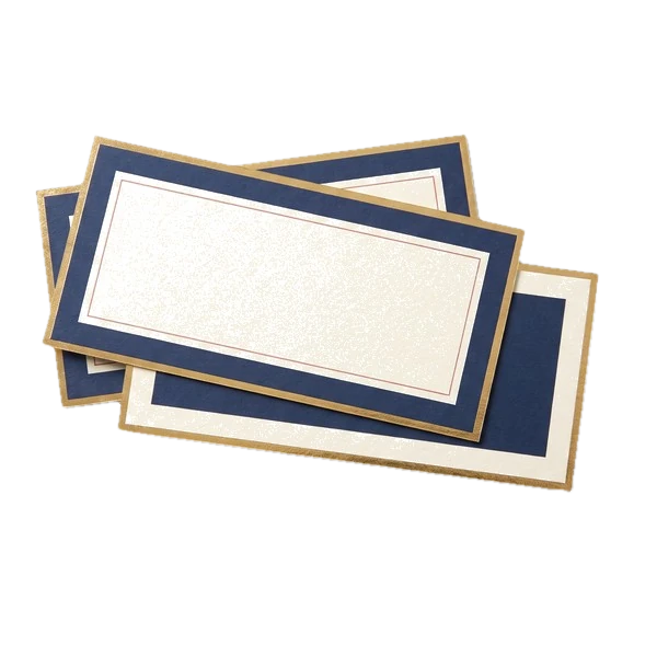 Two navy and cream event tickets with gold edges.