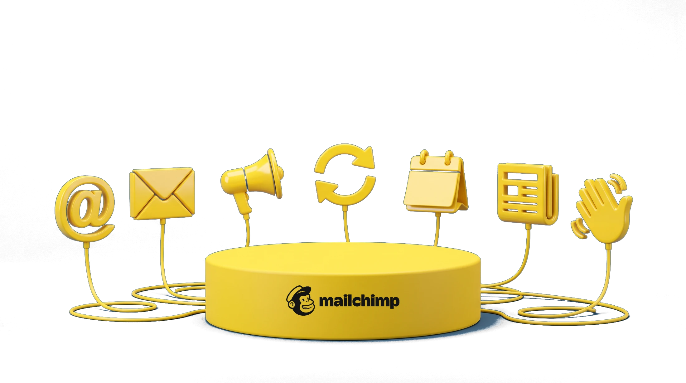 The Mailchimp logo on a yellow 3D platform, with yellow cables looping across the floor to 3D icons for contact, email, promotion, renewals, events, newsletters and a welcome wave.