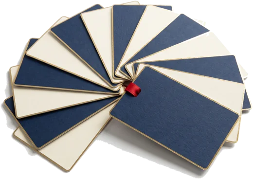 A fan of navy and cream membership cards.