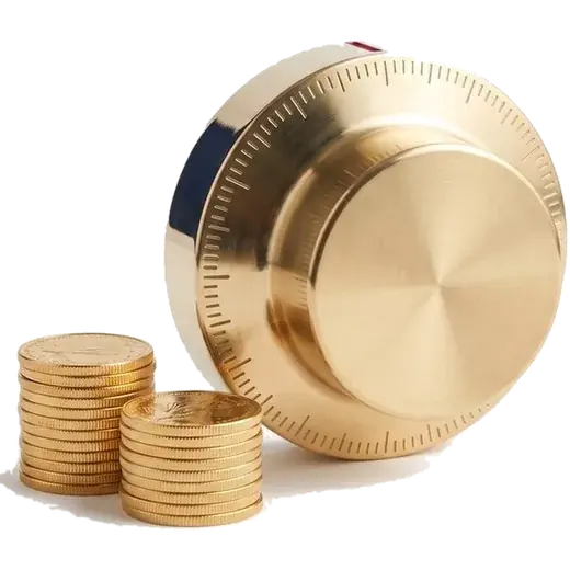 A brass dial knob facing short stacks of gold coins.