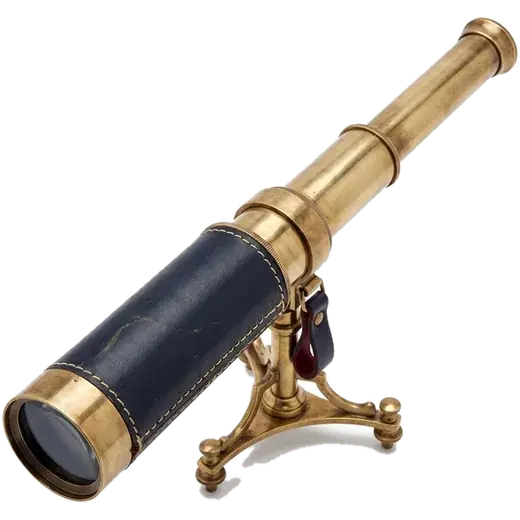 A brass and navy leather spyglass telescope on a small tripod.