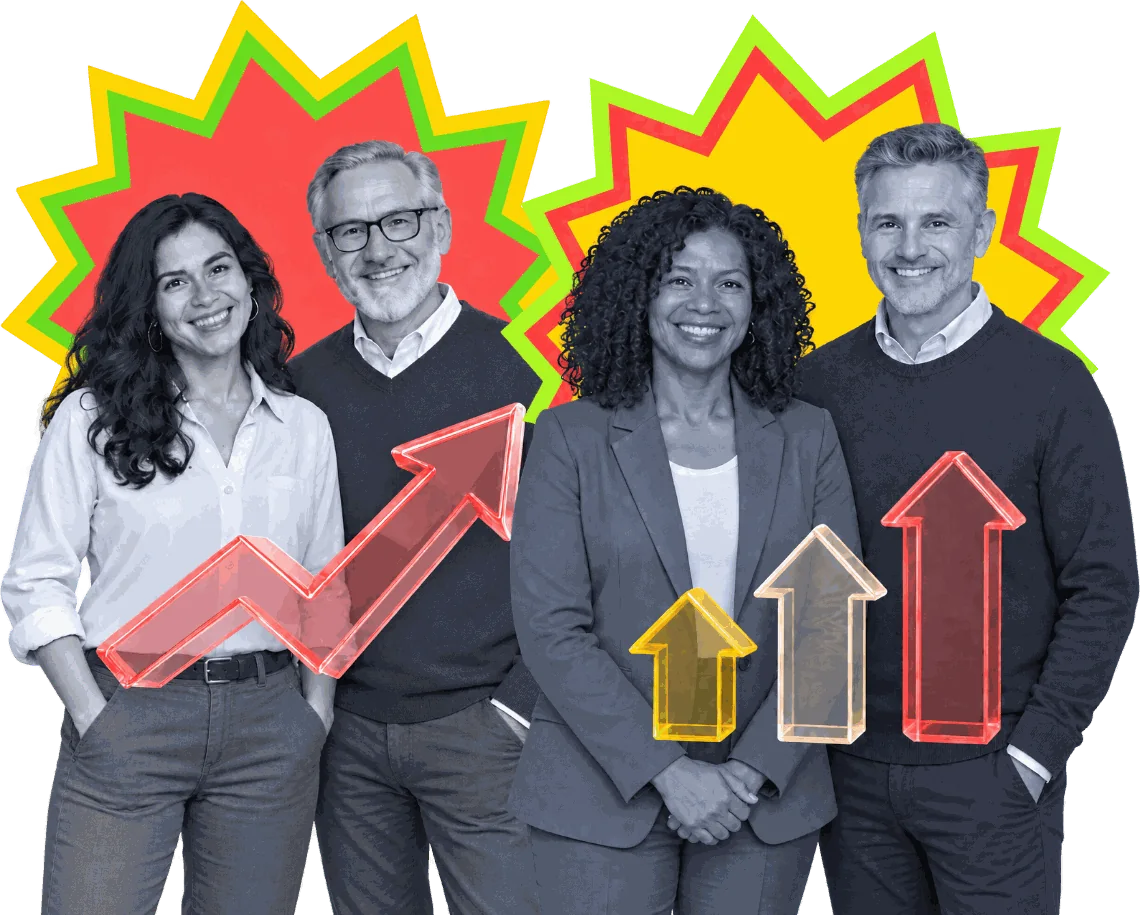 Four smiling association professionals in front of starbursts and rising arrows.