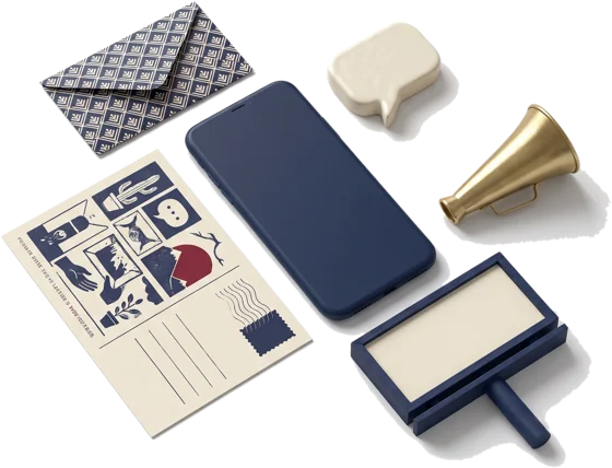 A smartphone surrounded by an envelope, a postcard, a chat bubble, a megaphone and a small billboard.