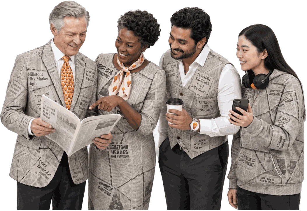 Four association professionals in newsprint jackets reading newsletters and holding coffee.