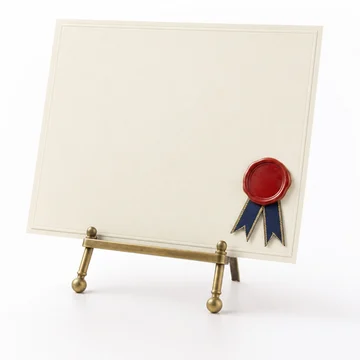 A blank certificate with a red wax seal and a navy and gold ribbon on a brass easel.