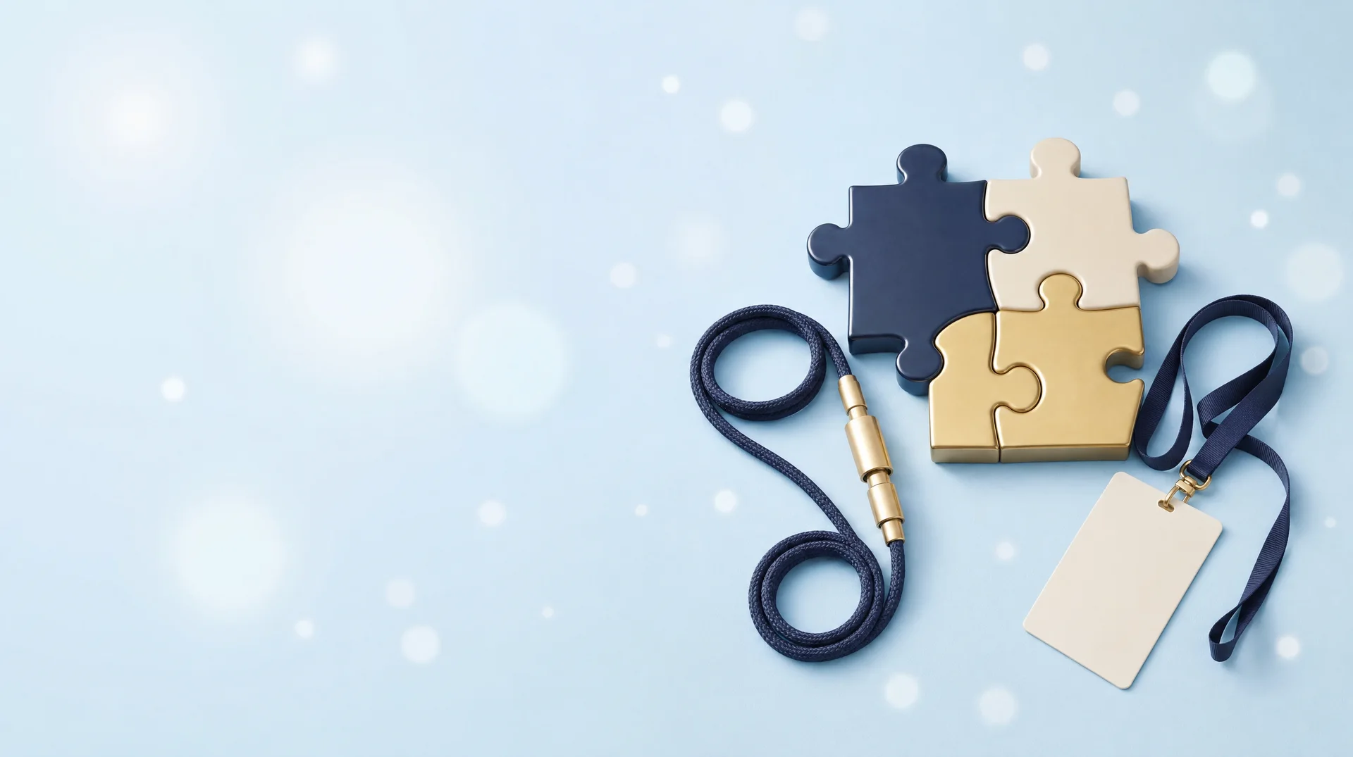 Navy, cream and brass puzzle pieces fitted together, coiled navy cables with brass connectors and a blank conference badge on a navy lanyard, on a pale blue backdrop.