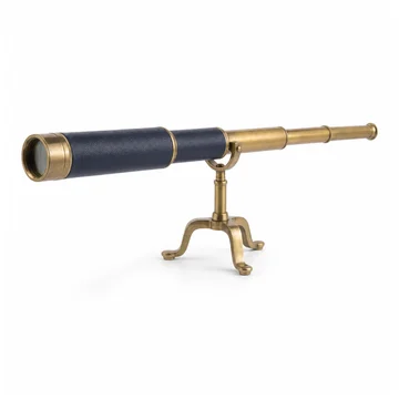 A brass spyglass with navy grips on a small stand.