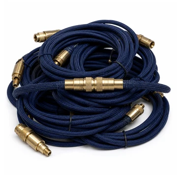 Two coiled navy cables with brass connectors plugged together.