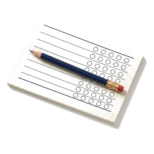 A printed quiz card with a pencil.