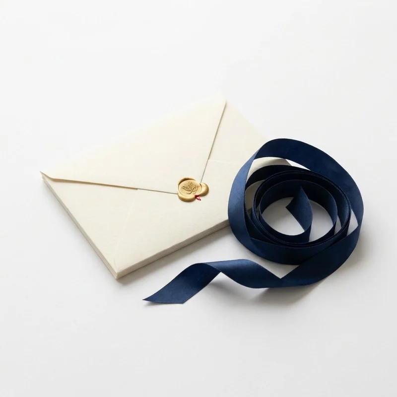 A cream envelope beside a loose navy ribbon.
