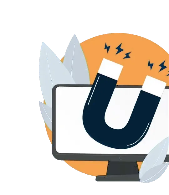 A magnet over a laptop screen against an orange circle.